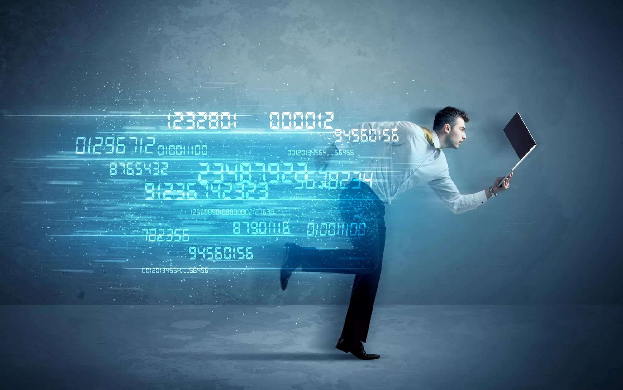 Business man running with device and data concept