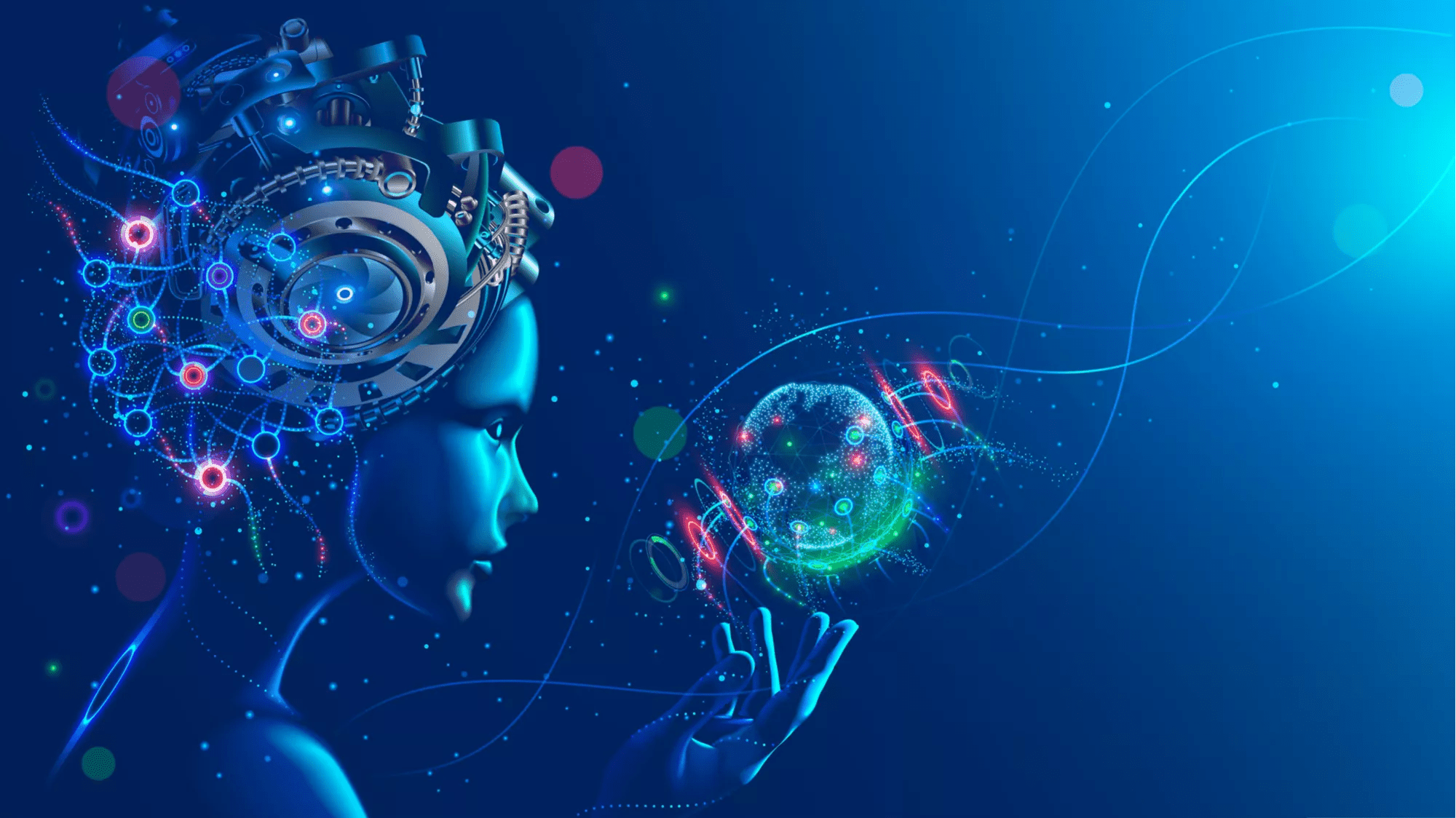 Artificial intelligence in image of cyborg girl with electronic brain. Neural network trained using a virtual hud interface. Machine learning technology concept. Sci-Fi cybernetic robot with AI.