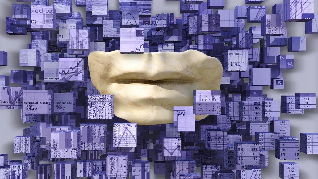 An illustration of a cut out mouth surrounded by blue cubes of data, graphs, and charts