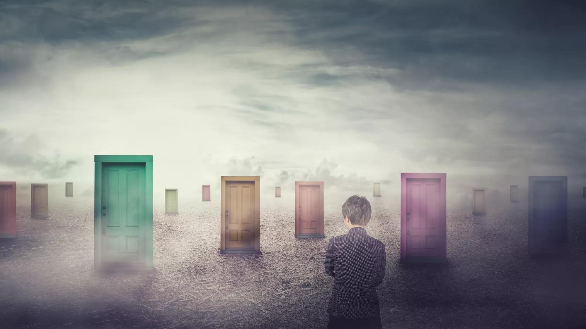Businesswoman in front of many different doors choosing one. Difficult decision, important choice concept, failure or success. Ways to unknown future