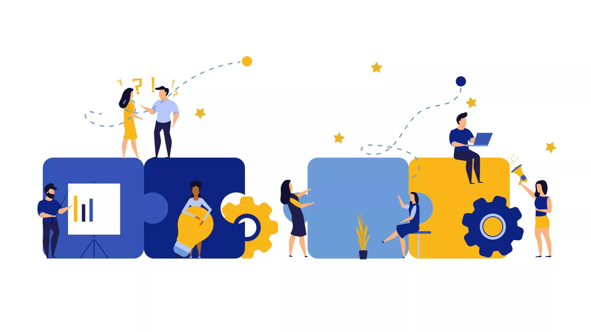 Puzzle team work vector illustration concept partner. Partnership teamwork business people collaboration together vector design. Concept jigsaw part solution group connect. Cooperation strategy idea