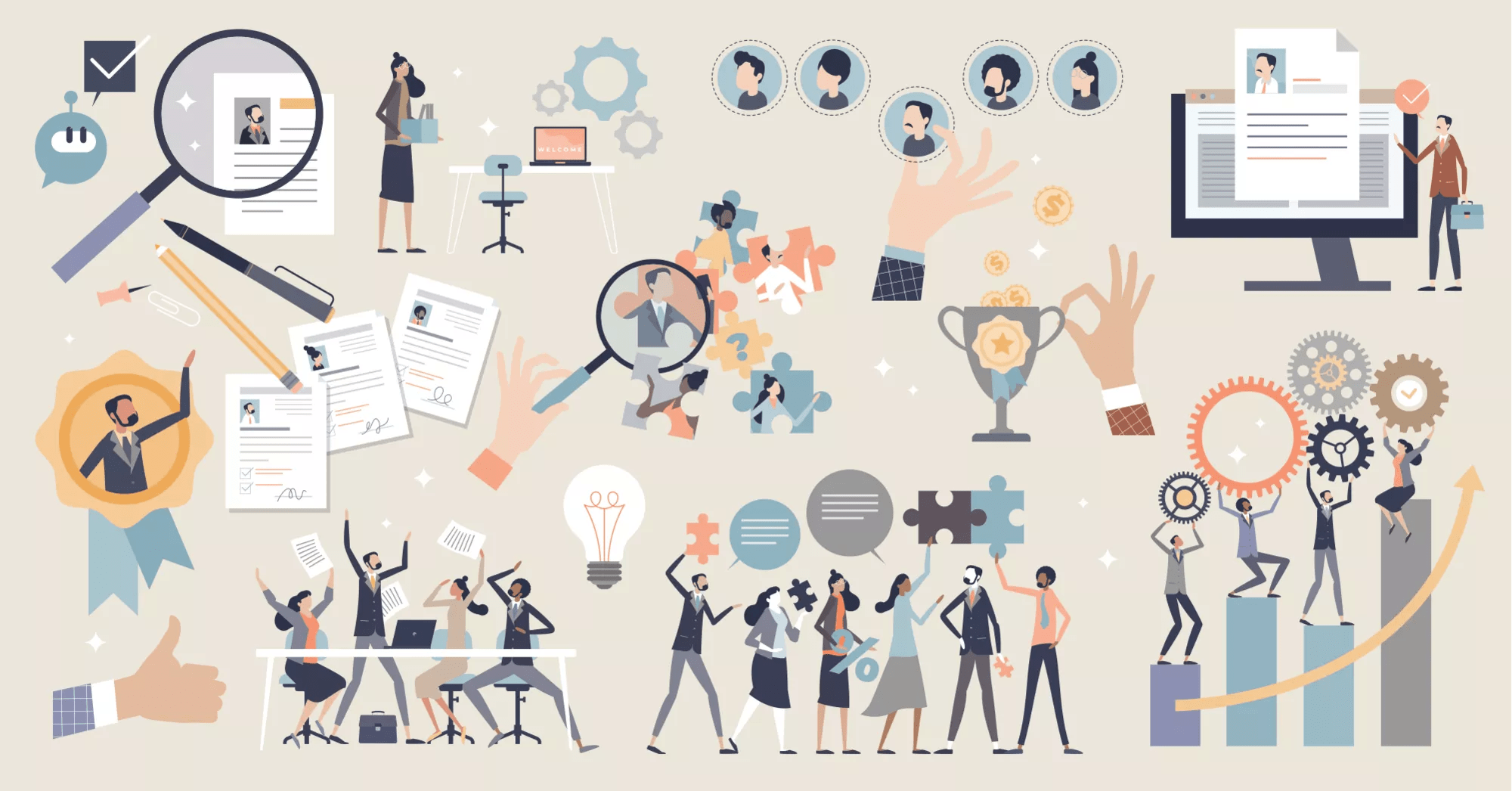 HR human resources elements with work hiring and job career tiny person set. Collection with candidates, interview scene, promotion and skill headhunting items for company project vector illustration.