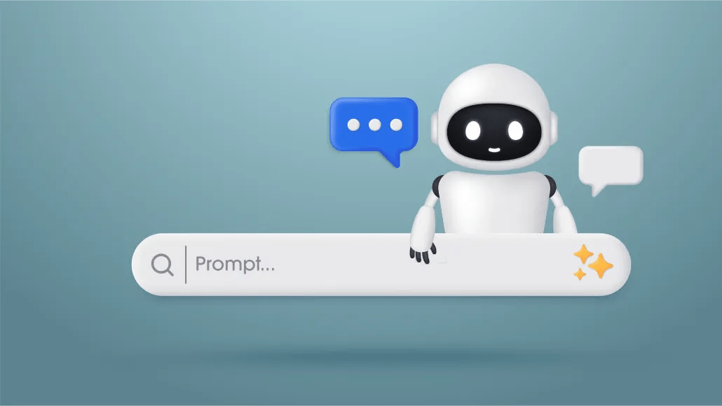 An illustration shows a robot and an AI prompt bar