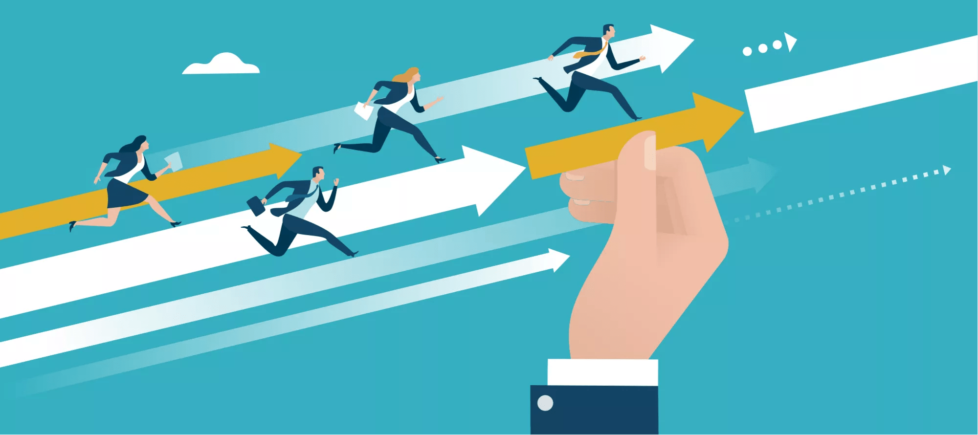 Support - help. The manager‘s hand fills the gap between arrows to reach the goal. Business vector illustration