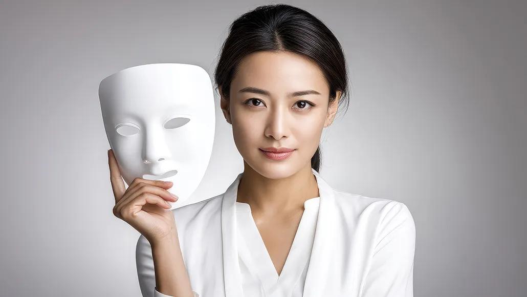 A woman in white holds a plain, white mask beside her face, symbolizing identity or revealing one's true self.