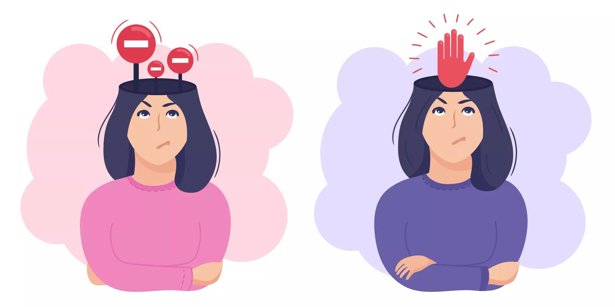 Inside woman’s head concept. Mind restrictions and internal boundaries or control and self discipline metaphor. Stop signs and red hand. Vector illustration isolated on white