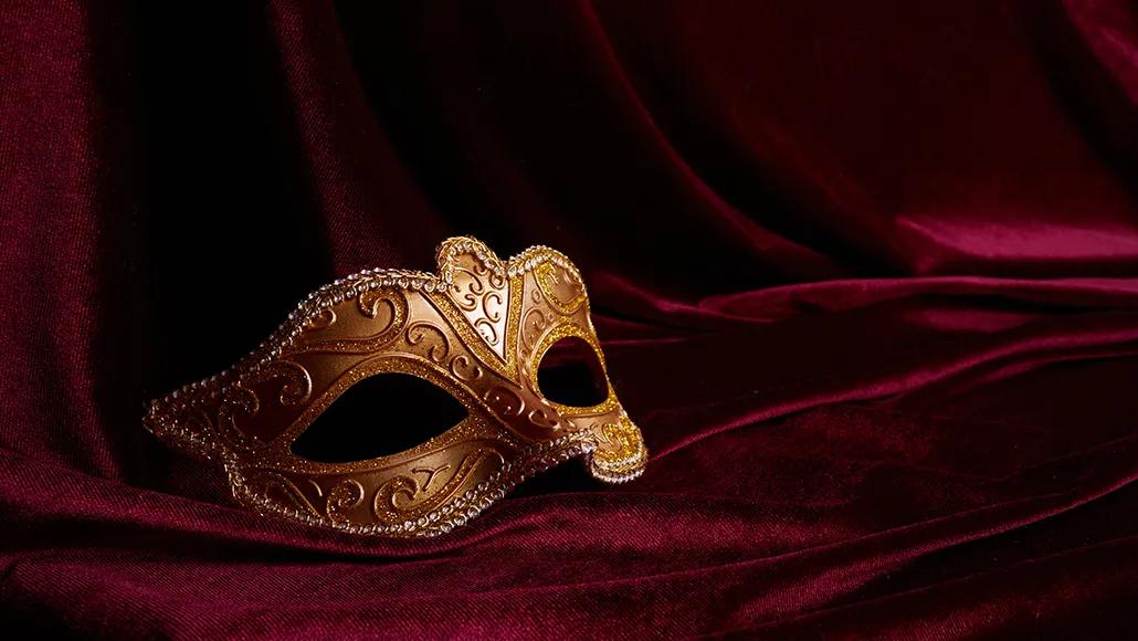 A ornate mask that covers half the face sits on cascading velvet. The mask has swirls and braiding around the edge.