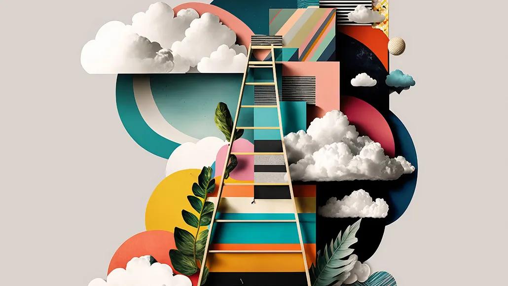 Abstract ladder and clouds. Concept of career growth and development.