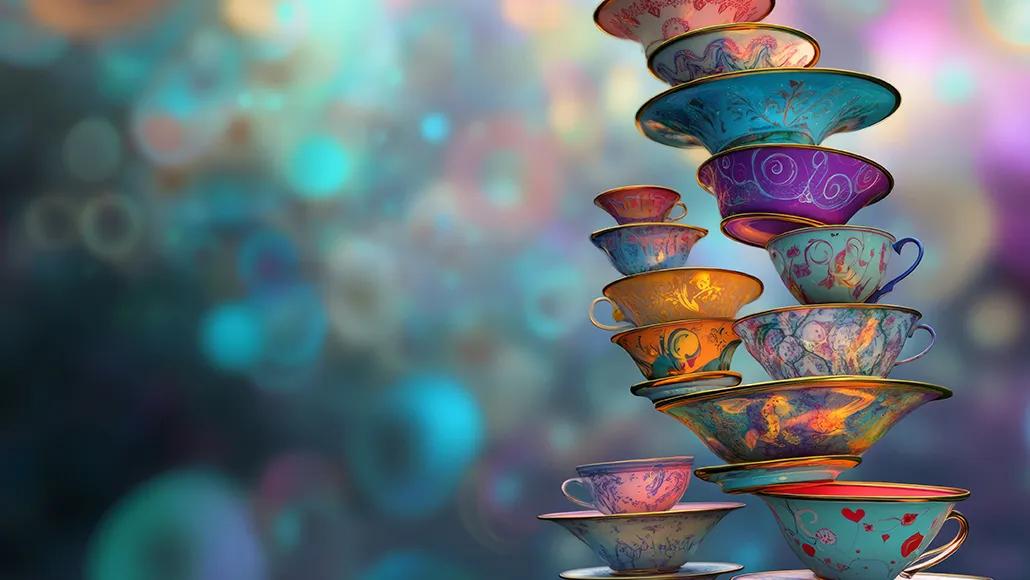 A precarious stack of bright and colorful teacups and bowls. Each is balanced on the rim of the vessel beneath it.