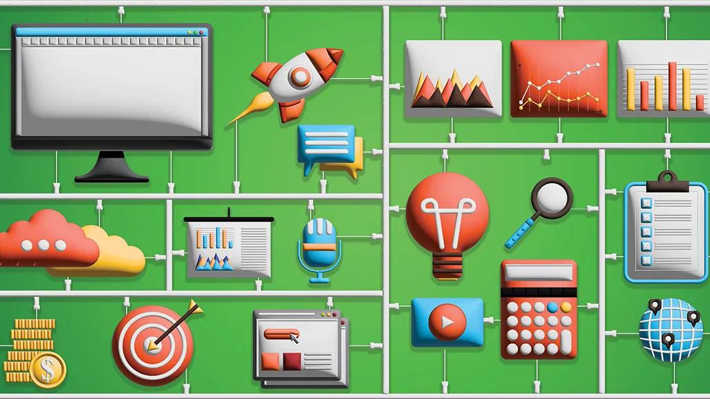 An illustration shows a plastic model kit of icons representing job tasks such as presentations, strategy, and podcasting.