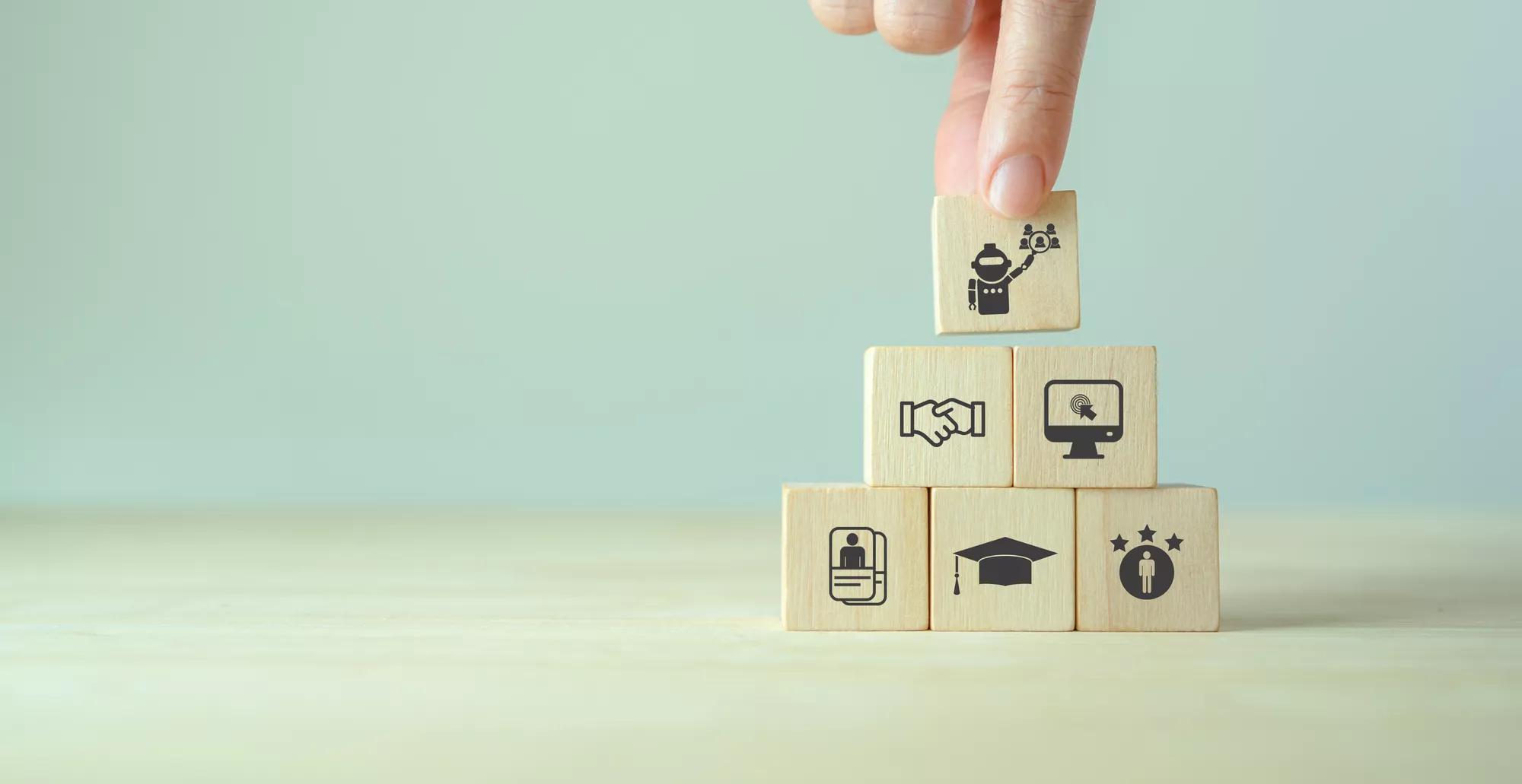 AI recruiting technology concept. Using artificial intelligence in the talent acquisition process. A robot choosing business people to hire. HR technology ecosystem strategies for HR professionals.