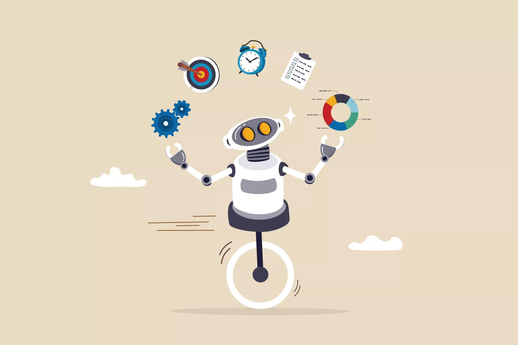 AI artificial intelligence to help productivity, innovation technology for work efficiency, automation or robotic assistance, smart assistance concept, AI robot expert help multitask or productivity.