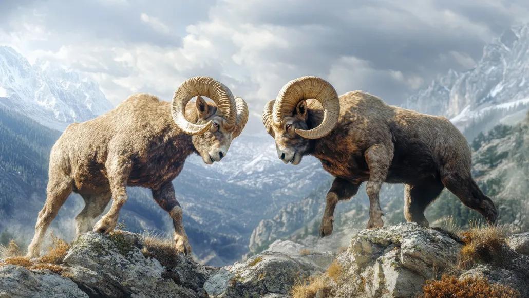 An illustration shows two big-horn sheep on the verge of butting heads.