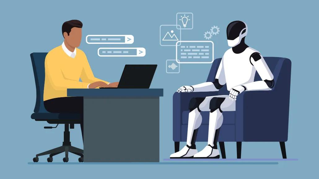 An illustration of a man seated at a desk across from a robot seated in a chair. Talk bubbles and prompt fields float around them
