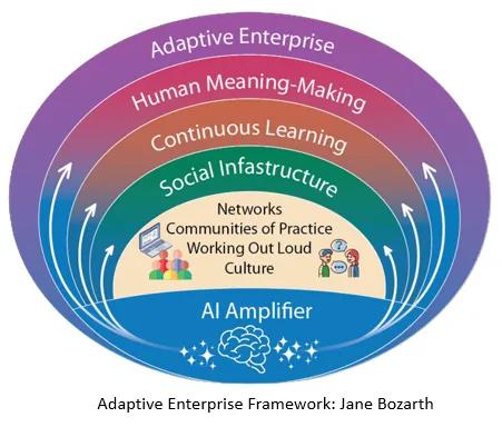 Concentric circles. Adaptive enterprise encircles human meaning making, which encircles continuous learning, which encircles social infrastructure. Social infrastructure includes networks, communities of practice, working out loud, and culture. At bottom is label of AI as amplifier.