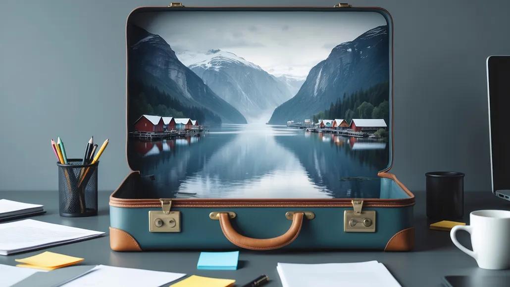 A work desk with office supplies (pencils in a cup, paper, sticky notes), a mug, a laptop, and an open suitcase. In the suitcase is a lake in the mountains with vacation cabins.