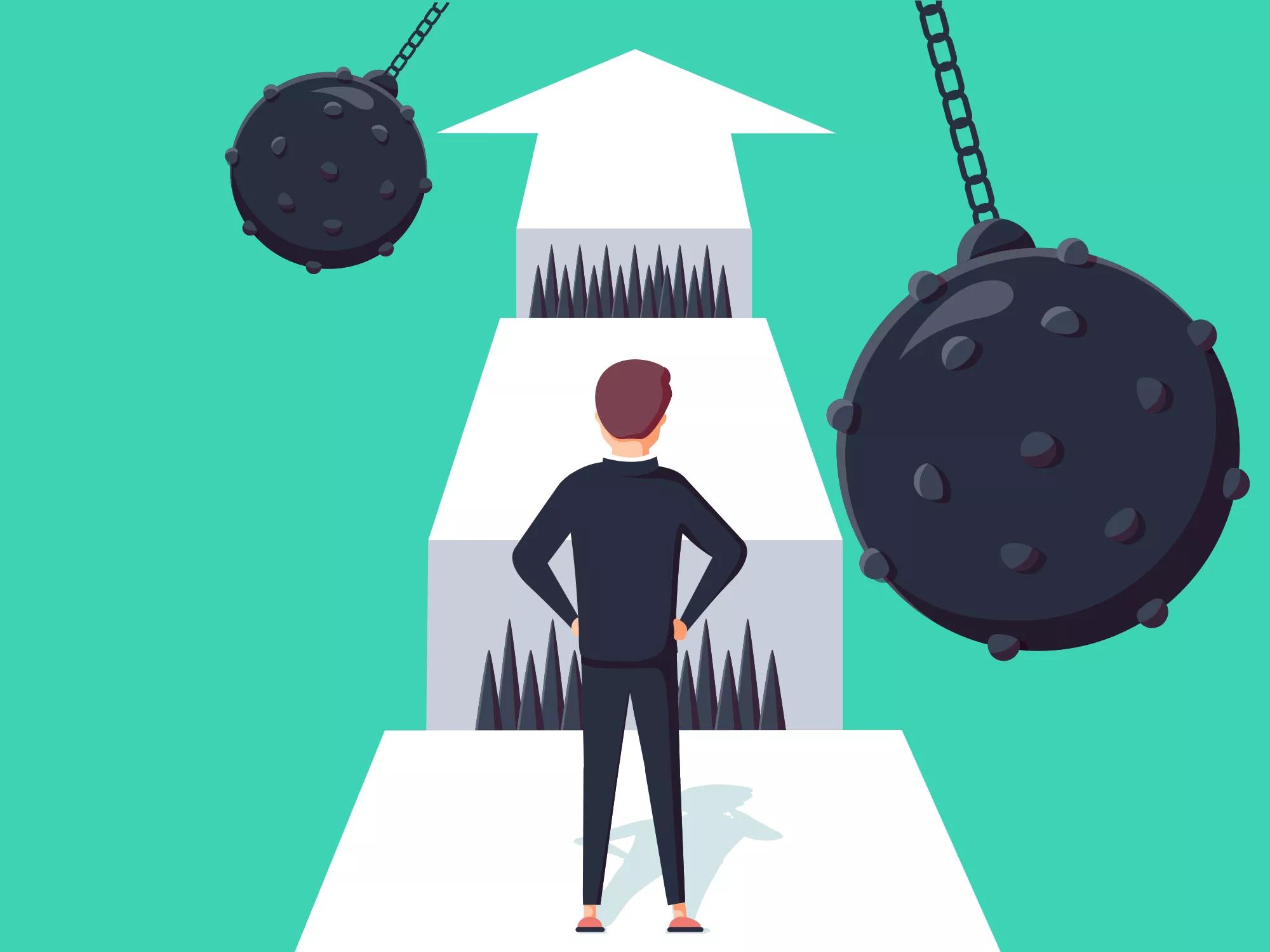 Business challenge concept with businessman walking towards gap. Symbol of success or opportunity overcoming, ambition