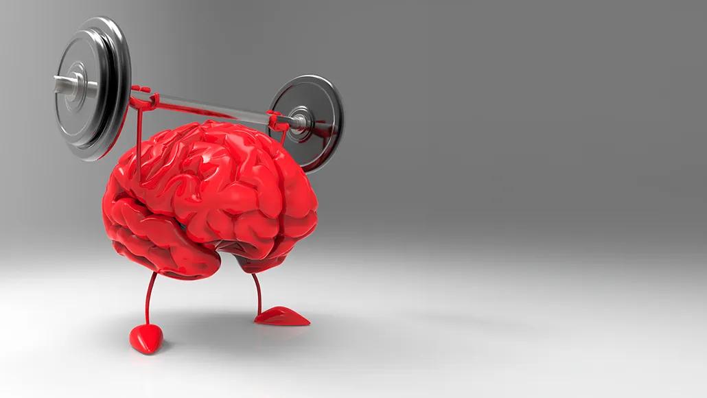 A human brain with feet and arms lifts a barbell.