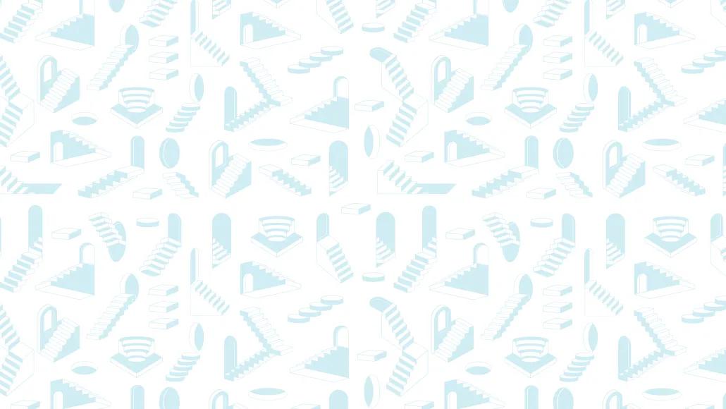 A pattern of abstract staircases, doorways, and arches.