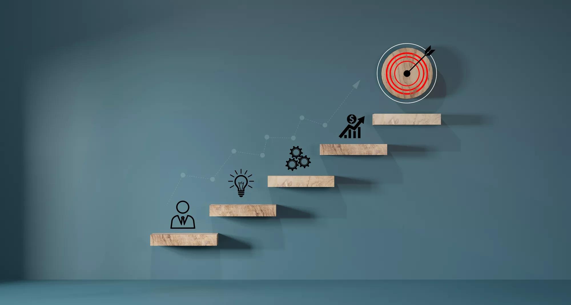 woods block step on table with icon Action plan, Goal and target, success and business target concept, project management, company strategy