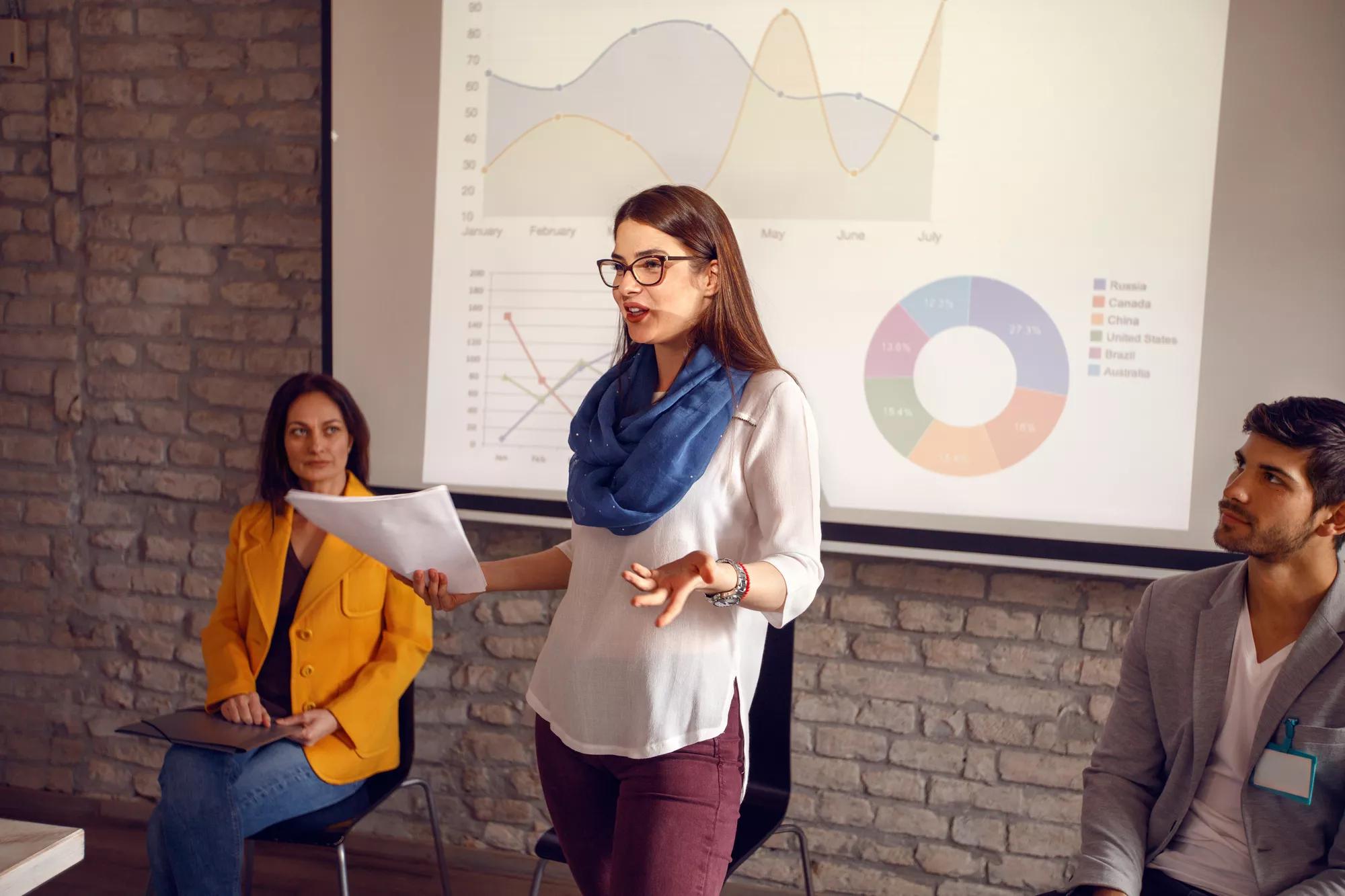 Woman hold meeting in company