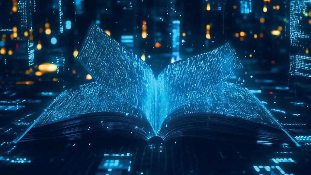 An lustration shows an open book with glowing blue digital text/code pages against a blurred cityscape of warm lights.