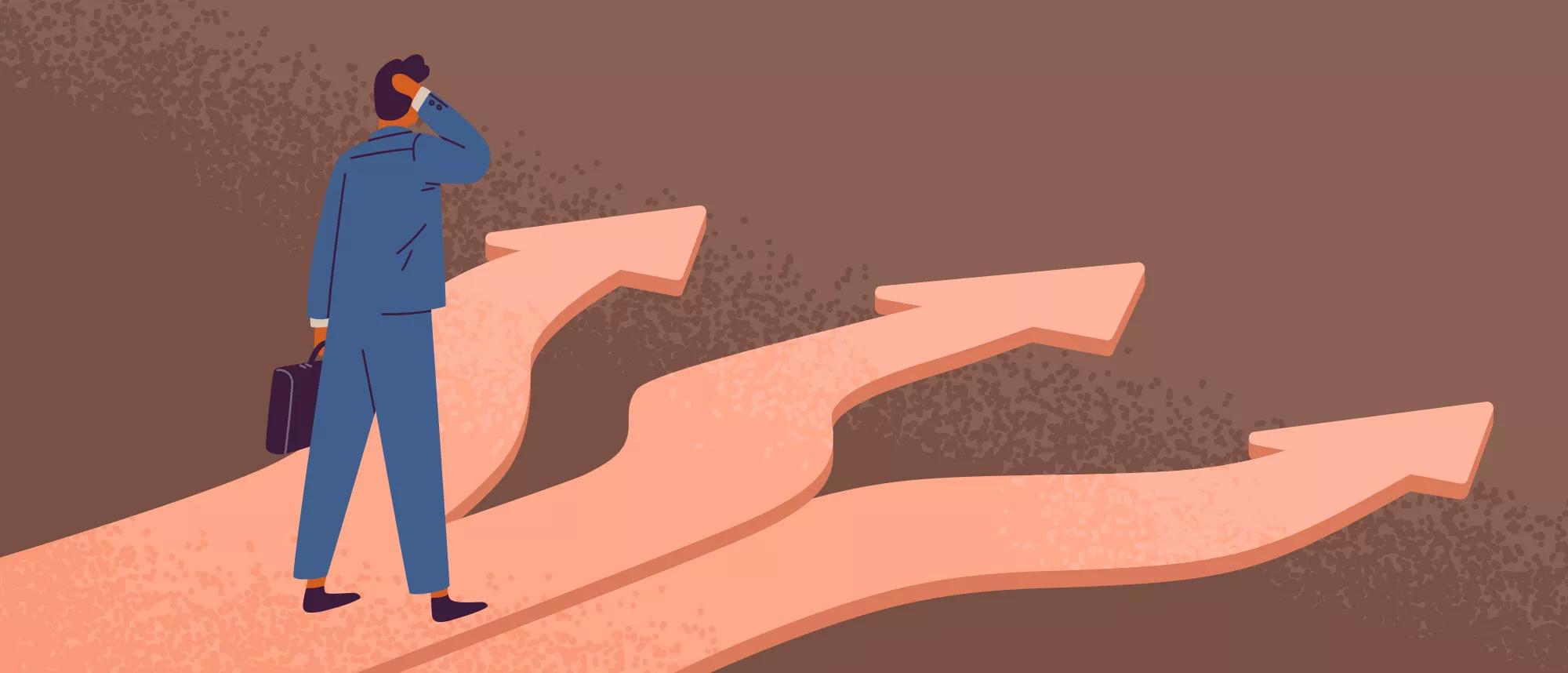 Thoughtful man standing at crossroads. Way choice concept. Start of career. Confused businessman thinking about the right path. Pathway selection dilemma. Vector illustration in flat cartoon style