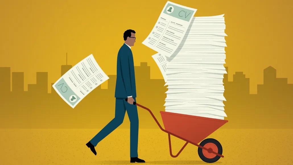 A business person walks a wheelbarrow stacked with CVs higher than the person's height. A cityscape is in the background.