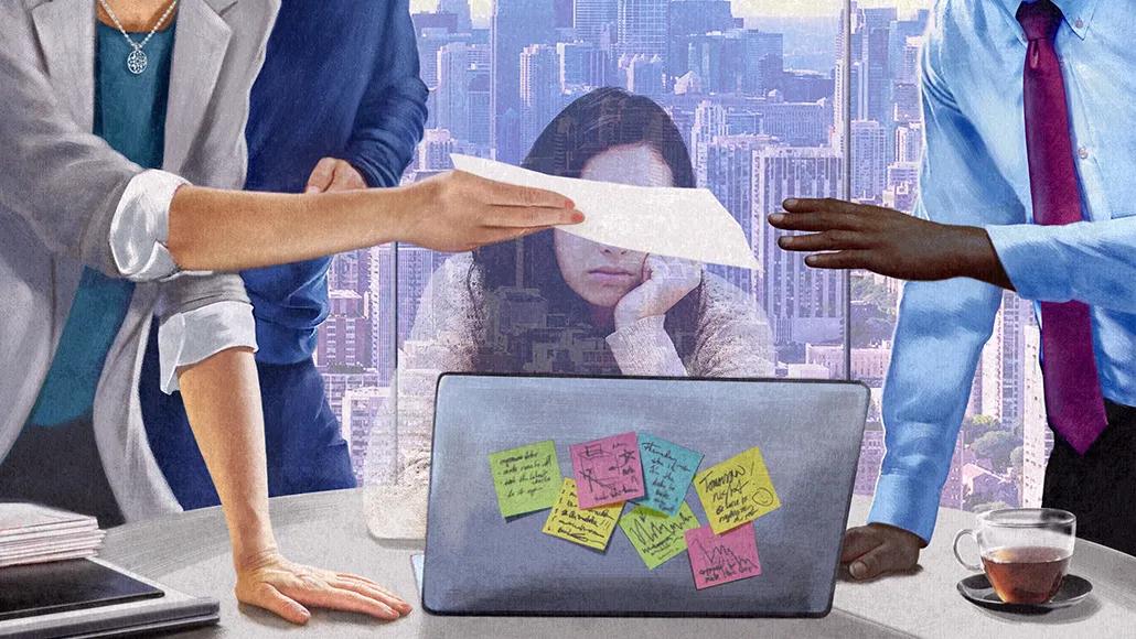 Two people in an office pass a sheet of paper. Between them, seated, is a dejected person in front of a laptop covered in sticky-notes and to-do items. The seated person is transparent, and the cityscape is apparent through her.