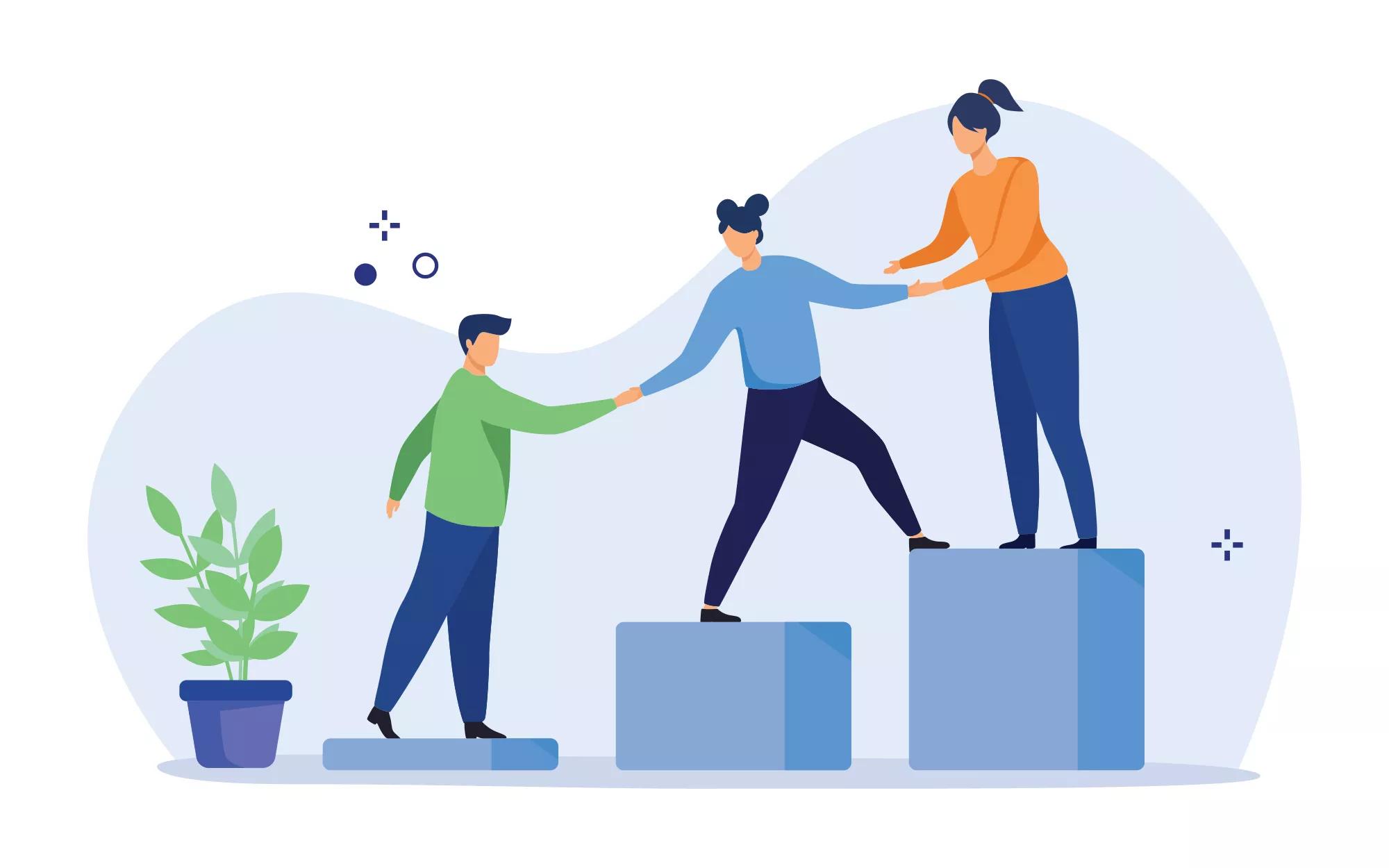 Teamwork, mentorship and cooperation concept. Employees giving hands and helping colleagues to walk upstairs. Vector illustration.