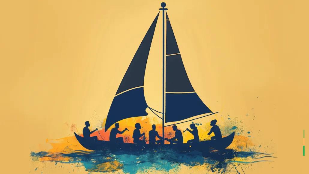 An illustration of a sailboat with multiple people aboard.