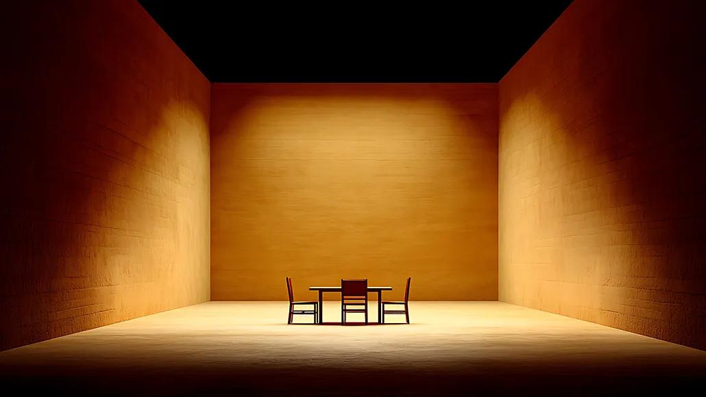 An empty room except for an empty square table with a chair on each side. The table has a spotlight on it.