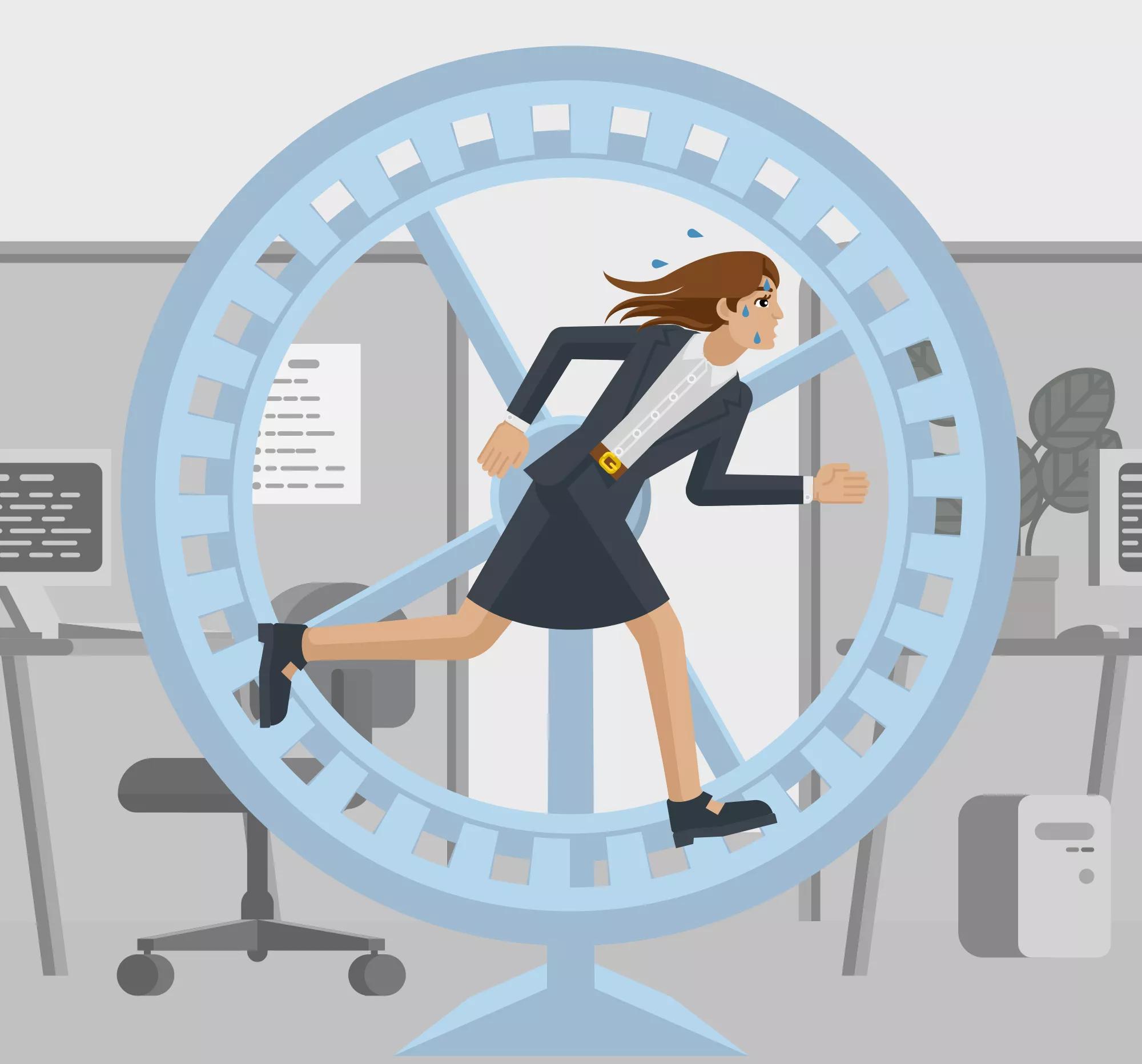 A stressed and tired looking businesswoman in an office running as fast as she can in hamster wheel to keep up with her workload or compete. Business concept illustration in flat modern cartoon style