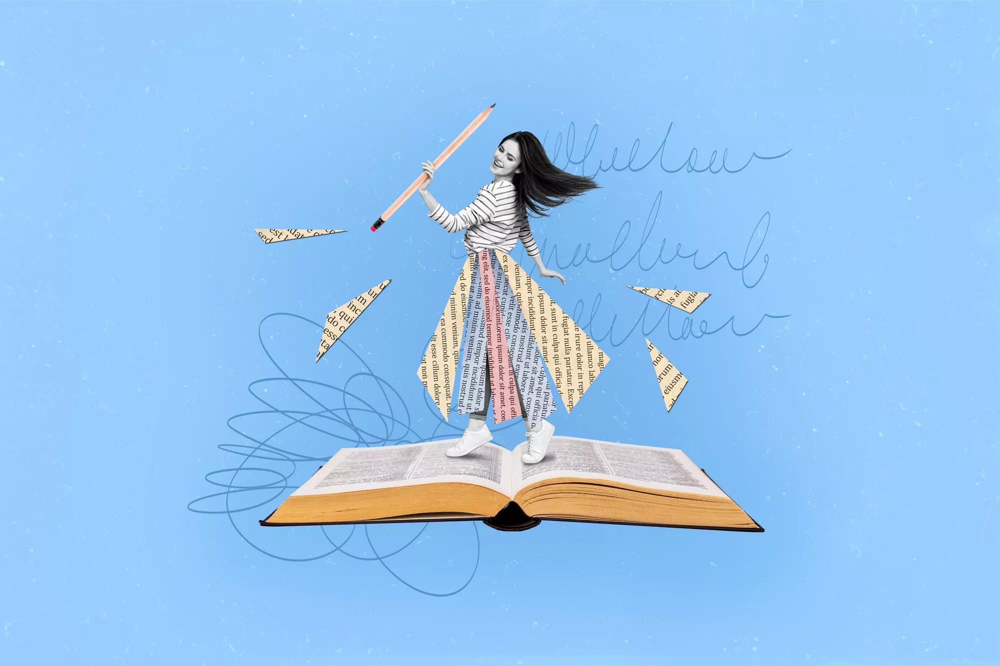 Creative surreal collage of positive geek young lady dancing on open book page holding pencil prepare academic courses lecture