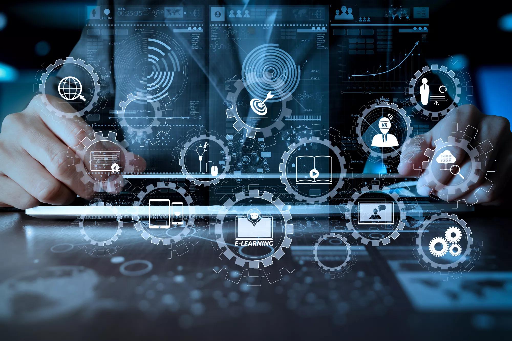 business man hand working on laptop computer with social media diagram on wooden desk