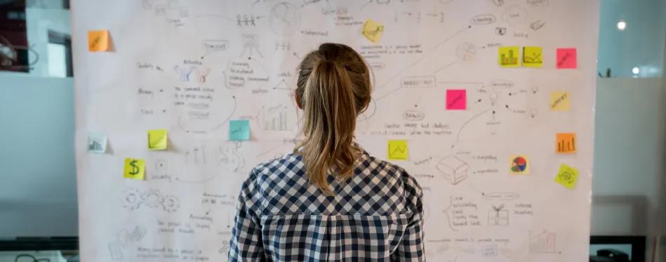 Woman sketching a business plan on a placard at a creative office