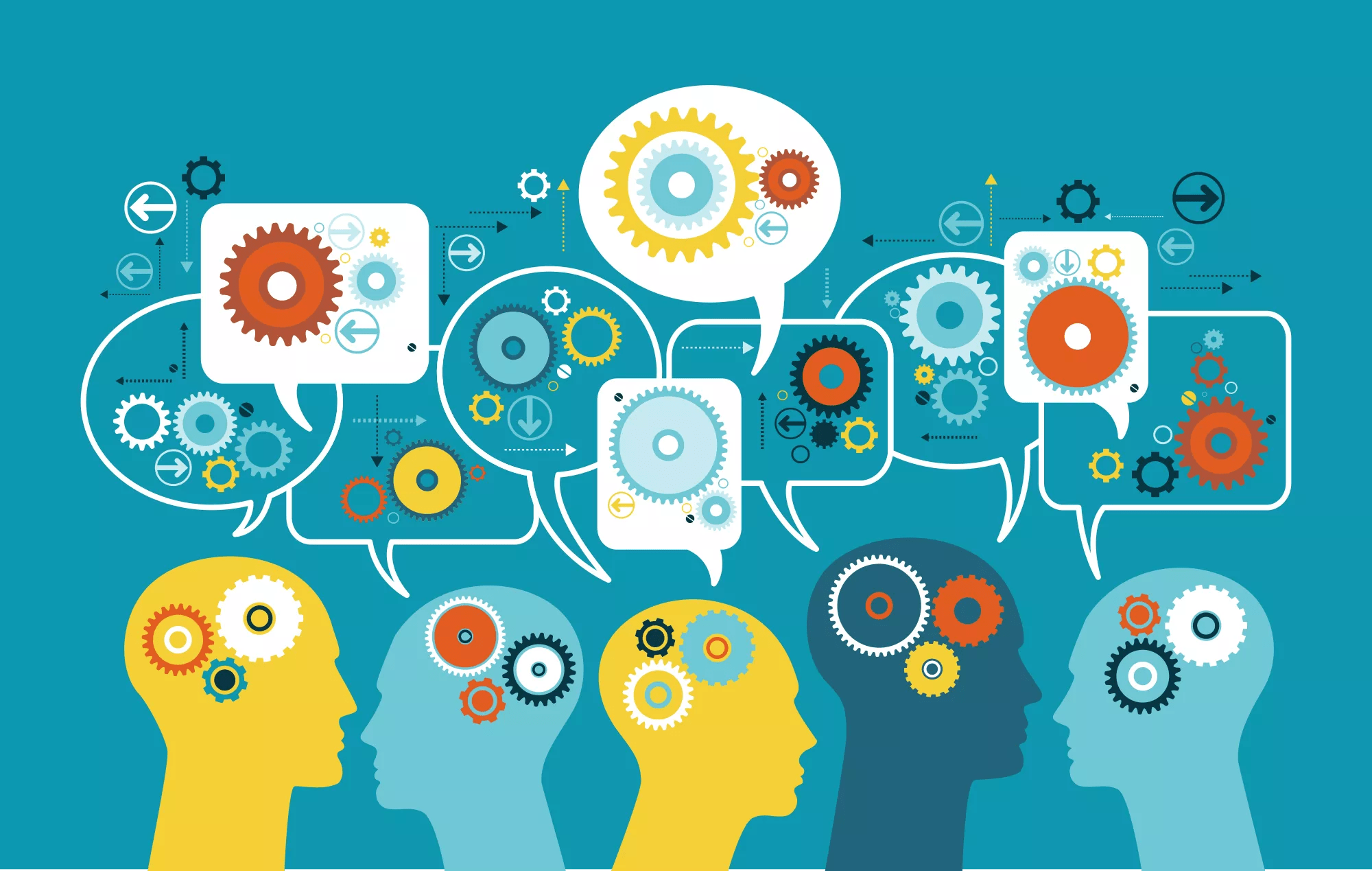 Silhouette of a man's head with speech bubbles, gears and business icons