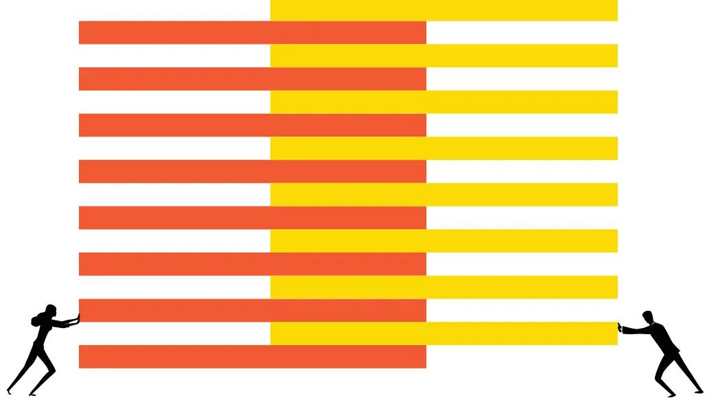 An illustration shows business people pushing horizontal bars together, depicting merging efforts.
