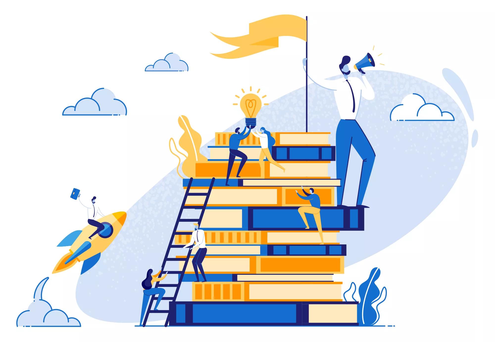 Small People on Stack of Books Teamwork Education.