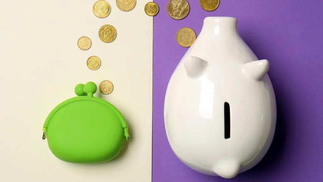 An illustration shows currency scattered around a coin purse and a piggy bank.