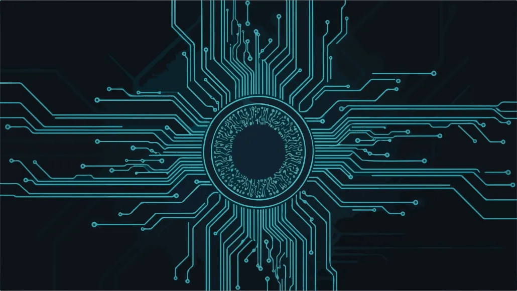 An illustration shows and eye shape on a circuit board