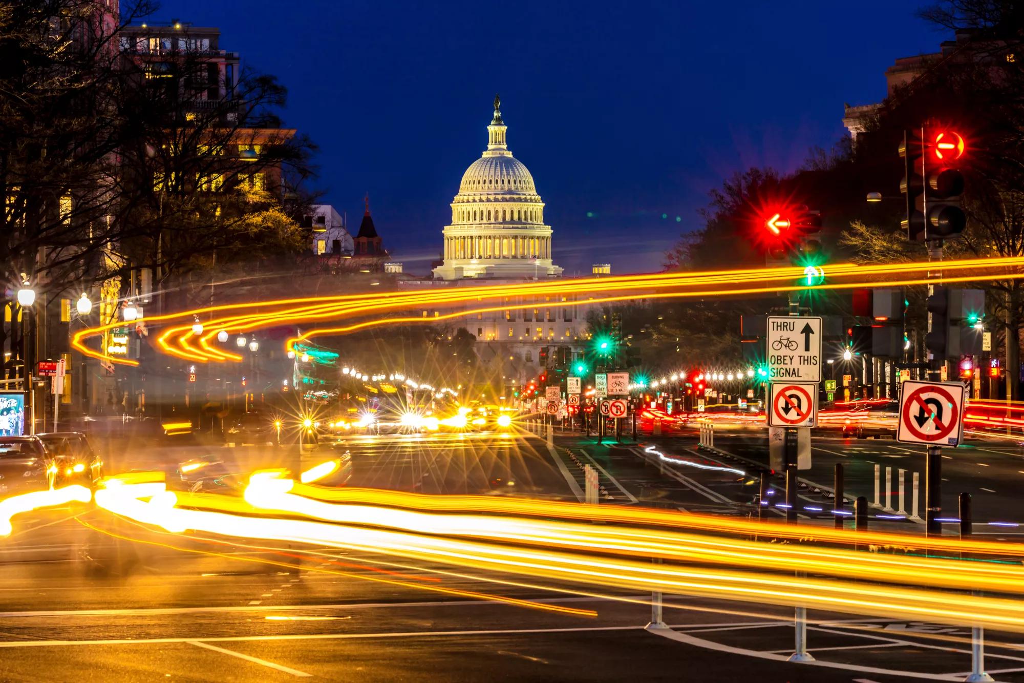 APRIL 11, 2018 WASHINGTON D.C. - Pennsylvania Ave to US Capitol with.Streaked lights going towards US Capitol in Washington DC. during rush hour PM