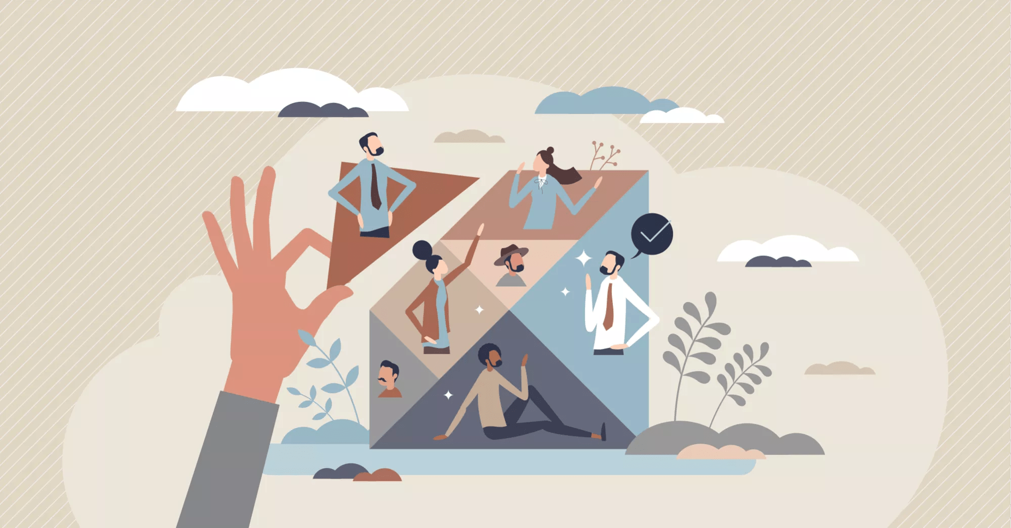 Talent management and find company employee with skills tiny person concept. Human resources choice and head hunting process to complete staff team with best cooperative potential vector illustration.