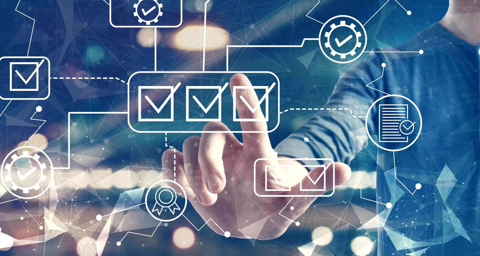 Quality control approval with a man on blurred city background