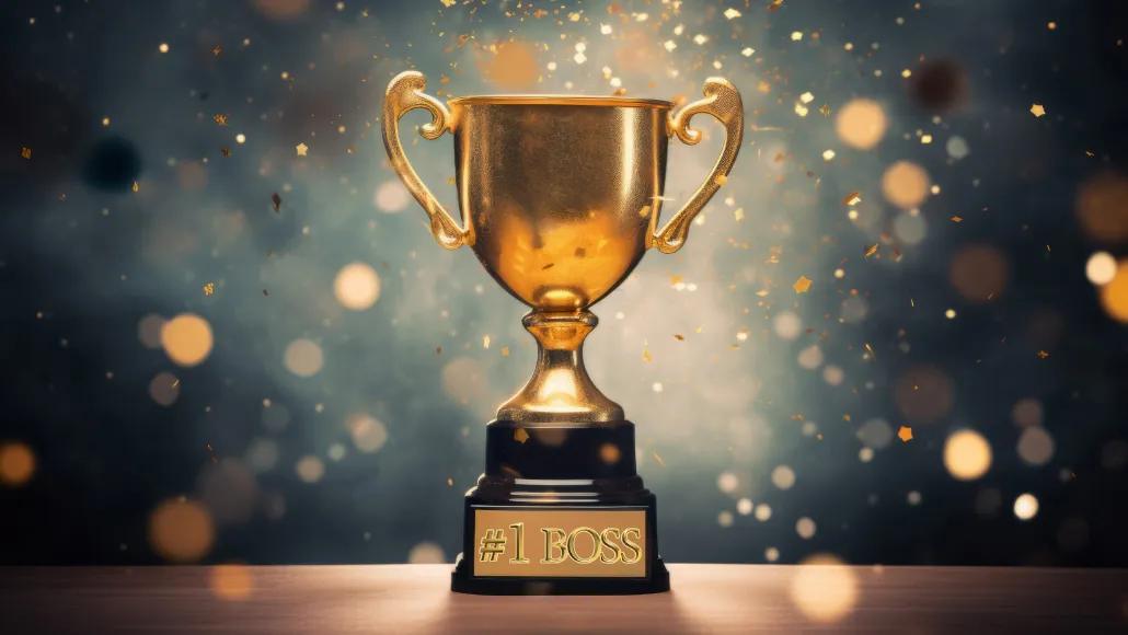 A trophy that says "#1 BOSS," surrounded by confetti.