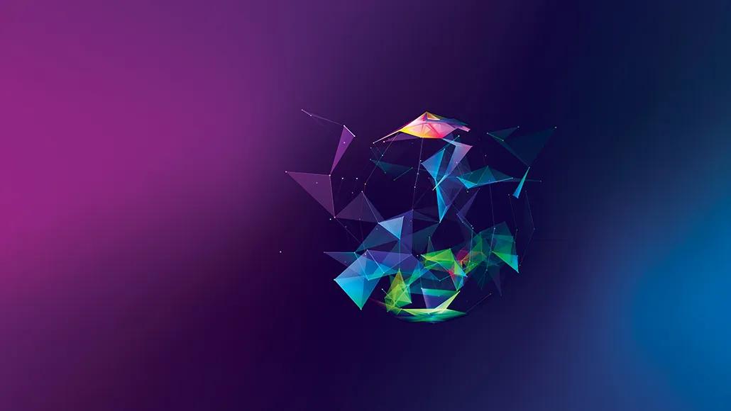 An amorphous image of a technology vector, with connected points that create triangles converging and connecting together.
