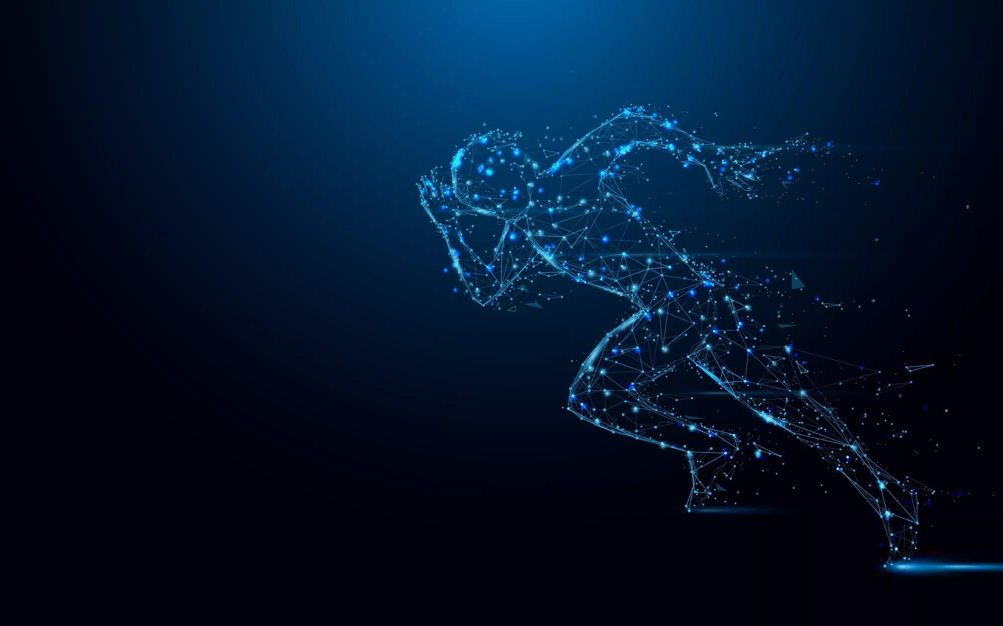 Abstract running man form lines and triangles, point connecting network on blue background. Illustration vector