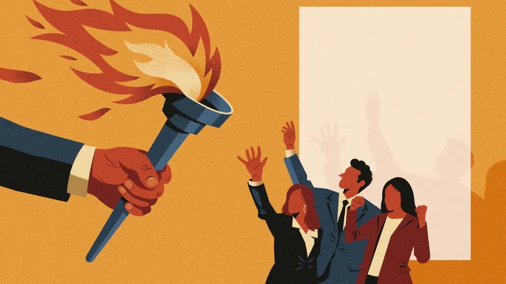 An illustration of three people reaching up and celebrating as a giant hand brings a lit torch toward them.