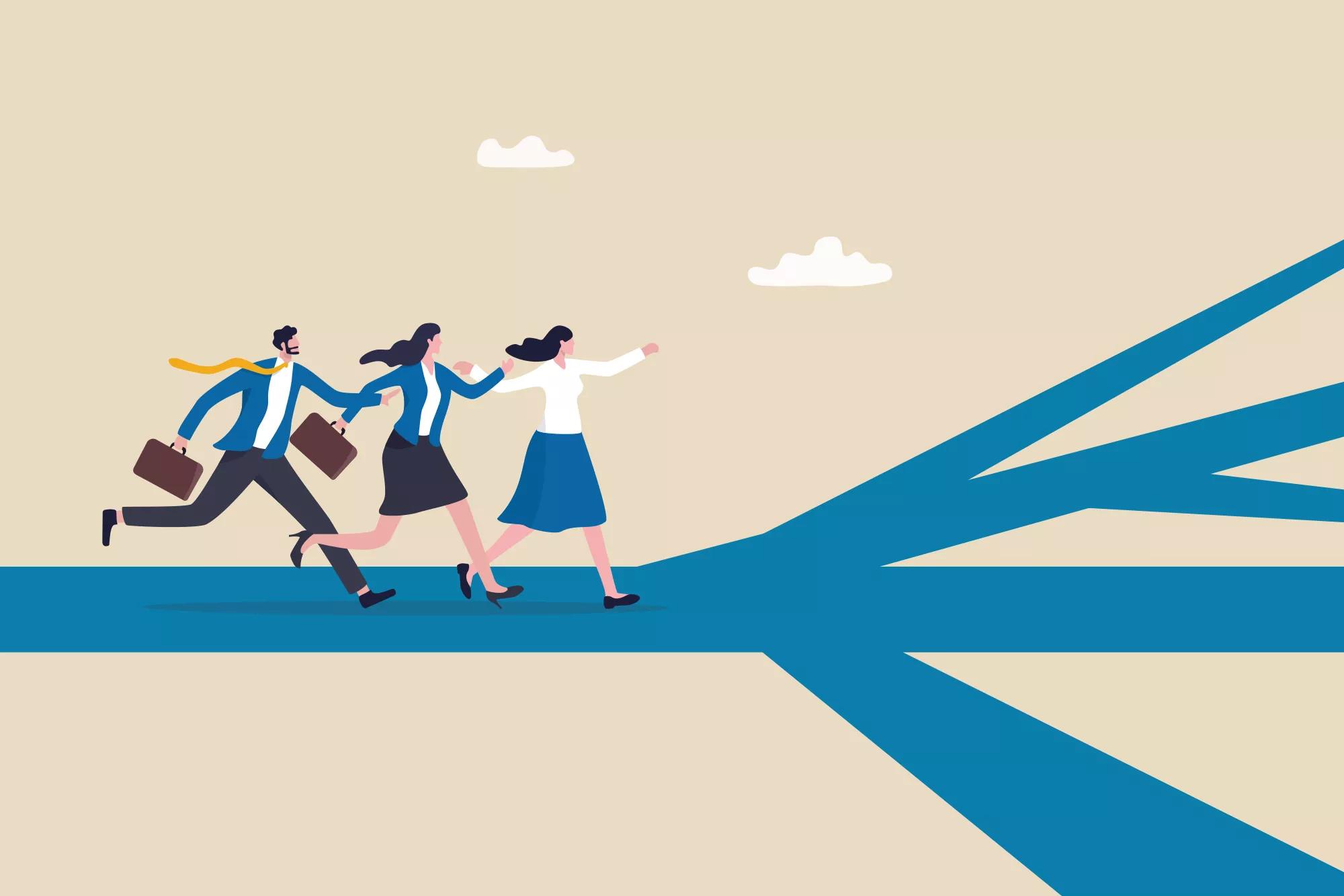 Career path, work opportunity or choices, choosing the right path, business challenge or decision point concept, business people running on career path to choose different direction for their job.