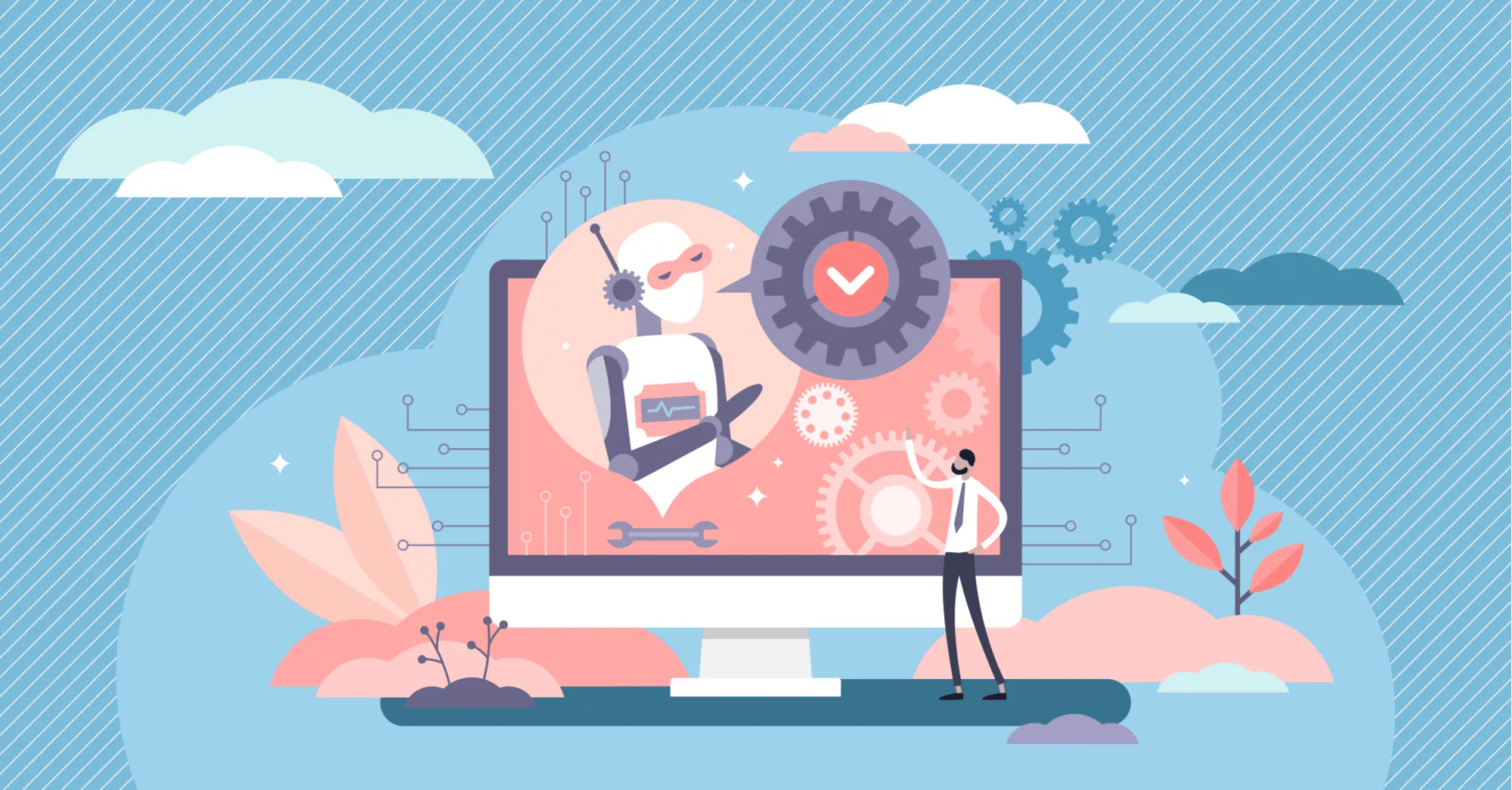 Robot IT support vector illustration. AI help in flat tiny persons concept.